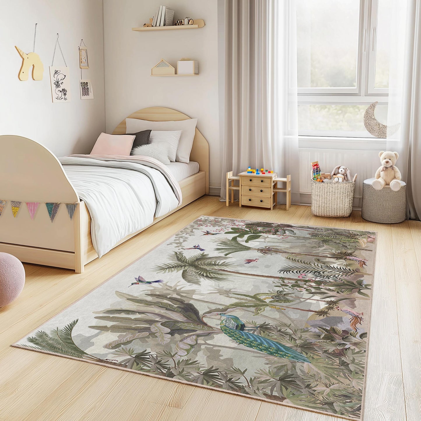 Tropical Paradise Kids Room Rug, Rectangular Floral Carpet, Nature Inspired Rug, Jungle Themed Playroom Decor, Kids Bedroom Rug
