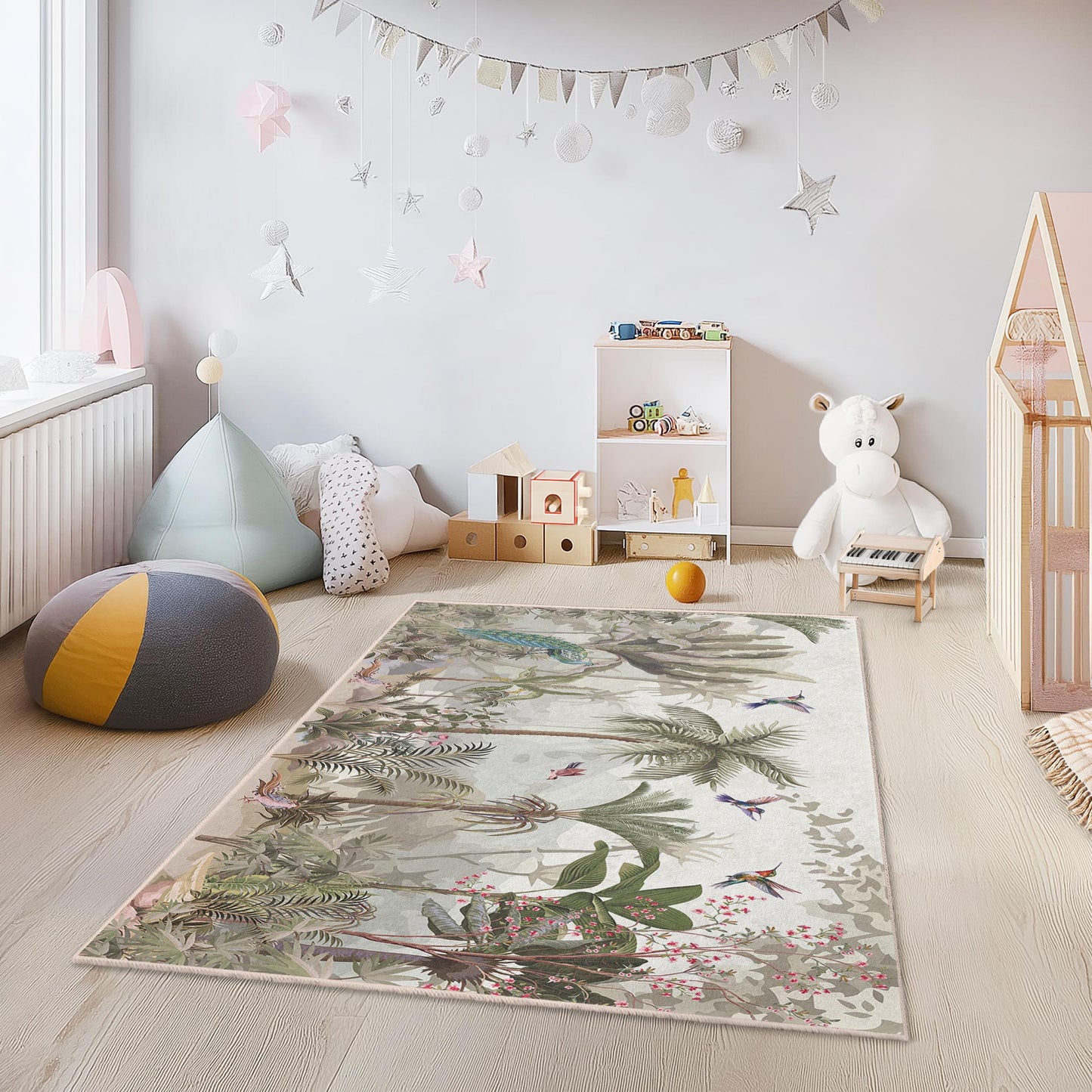 Tropical Paradise Kids Room Rug, Rectangular Floral Carpet, Nature Inspired Rug, Jungle Themed Playroom Decor, Kids Bedroom Rug