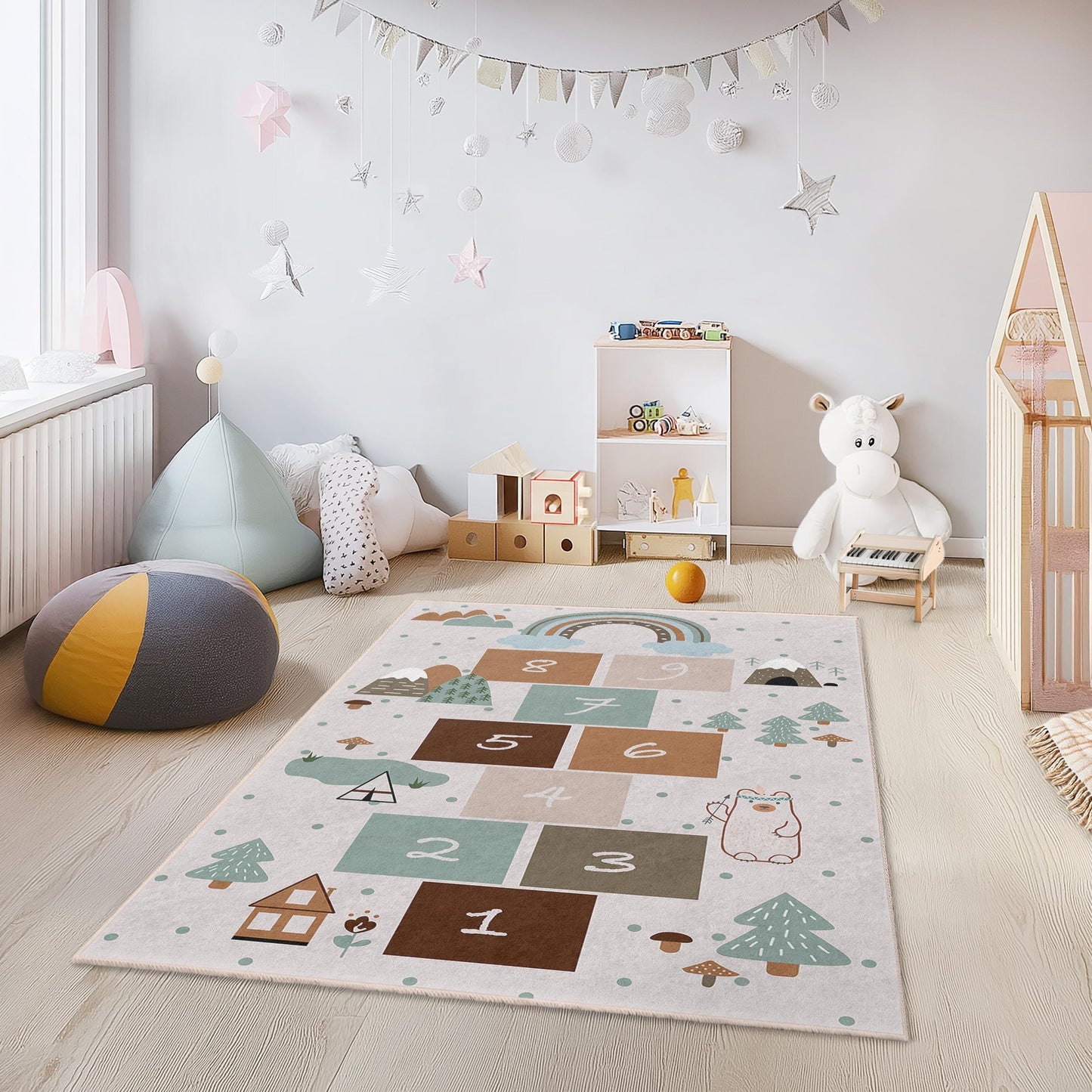 Whimsical Woodland Hopscotch Rug, Kids Room Decorative Carpet, Playroom Area Rug, Soft Rectangular Mat for Children