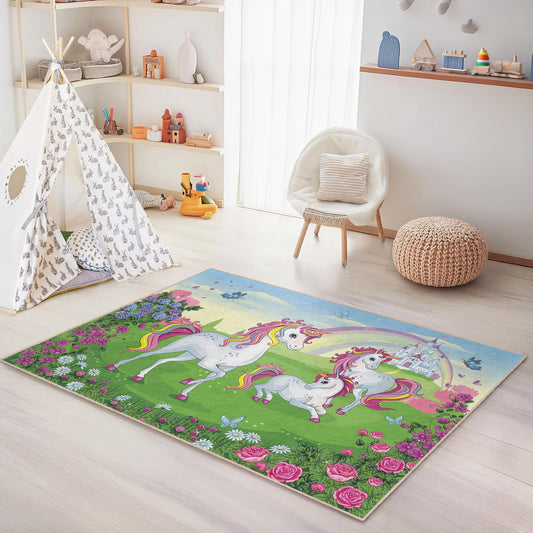 Magical Unicorn Play Rug, Kids Rectangular Carpet, Unicorn Nursery Decor, Fantasy Themed Kids Room Rug, Colorful Kids Play Mat