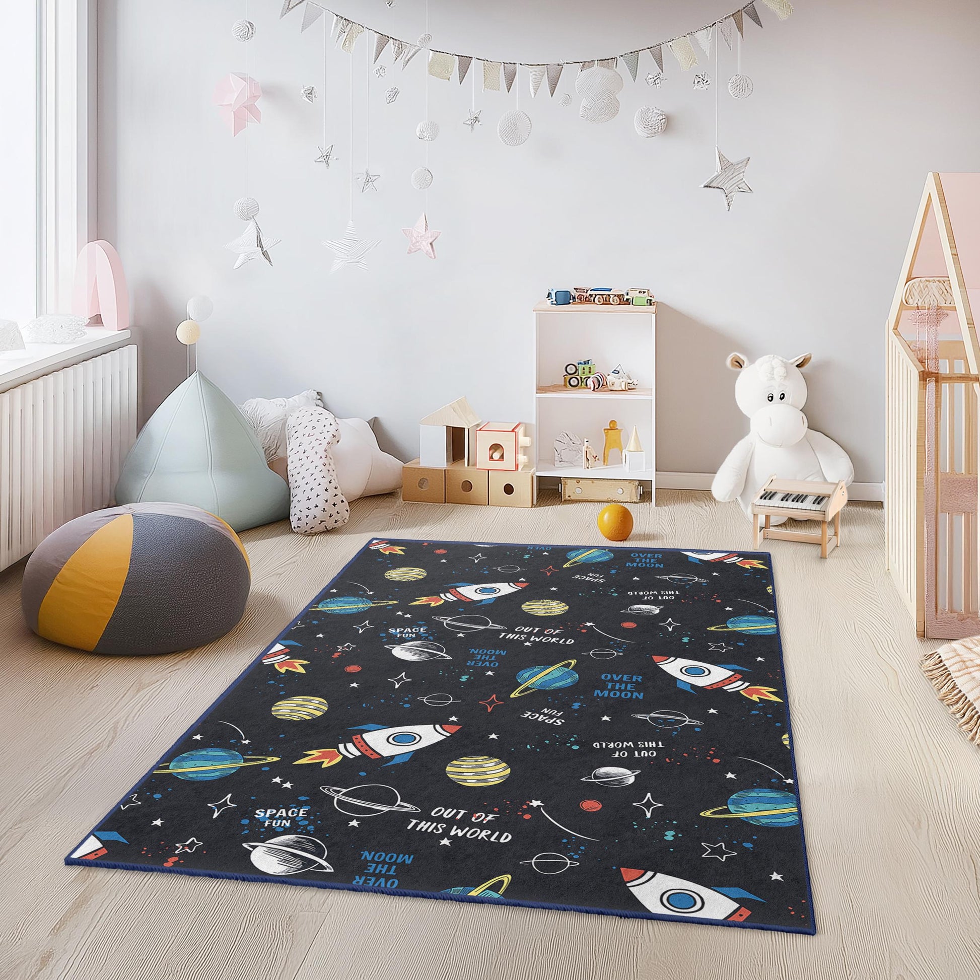 Out of This World Space Theme Kids Rug, Rocket and Planet Play Mat, Rectangle Childrens Rug, Cosmic Decor for Kids Room