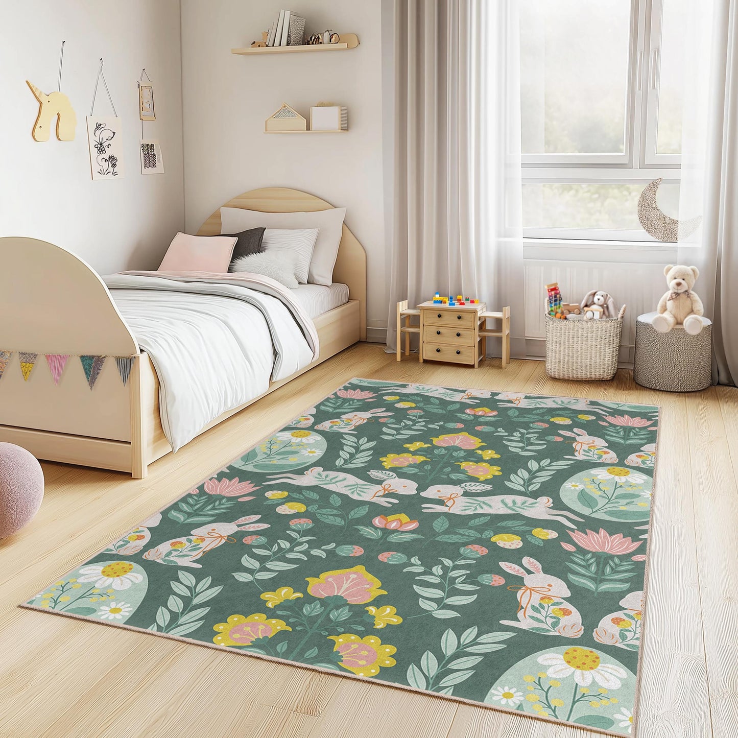 Floral Bunny Pattern Kids Rug, Rectangular Kids Room Carpet, Playroom Decor, Nursery Rug, Cute Animal Rug, Childrens Area Rug