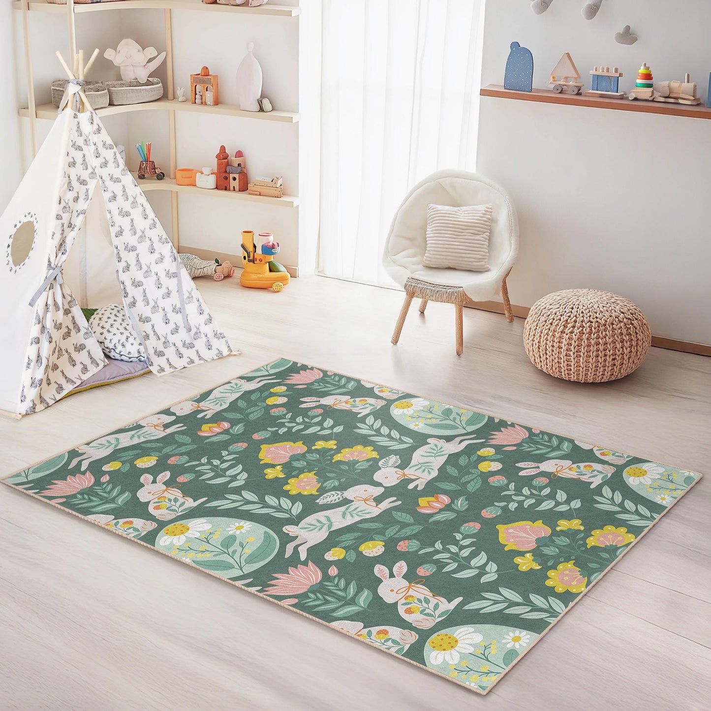 Floral Bunny Pattern Kids Rug, Rectangular Kids Room Carpet, Playroom Decor, Nursery Rug, Cute Animal Rug, Childrens Area Rug