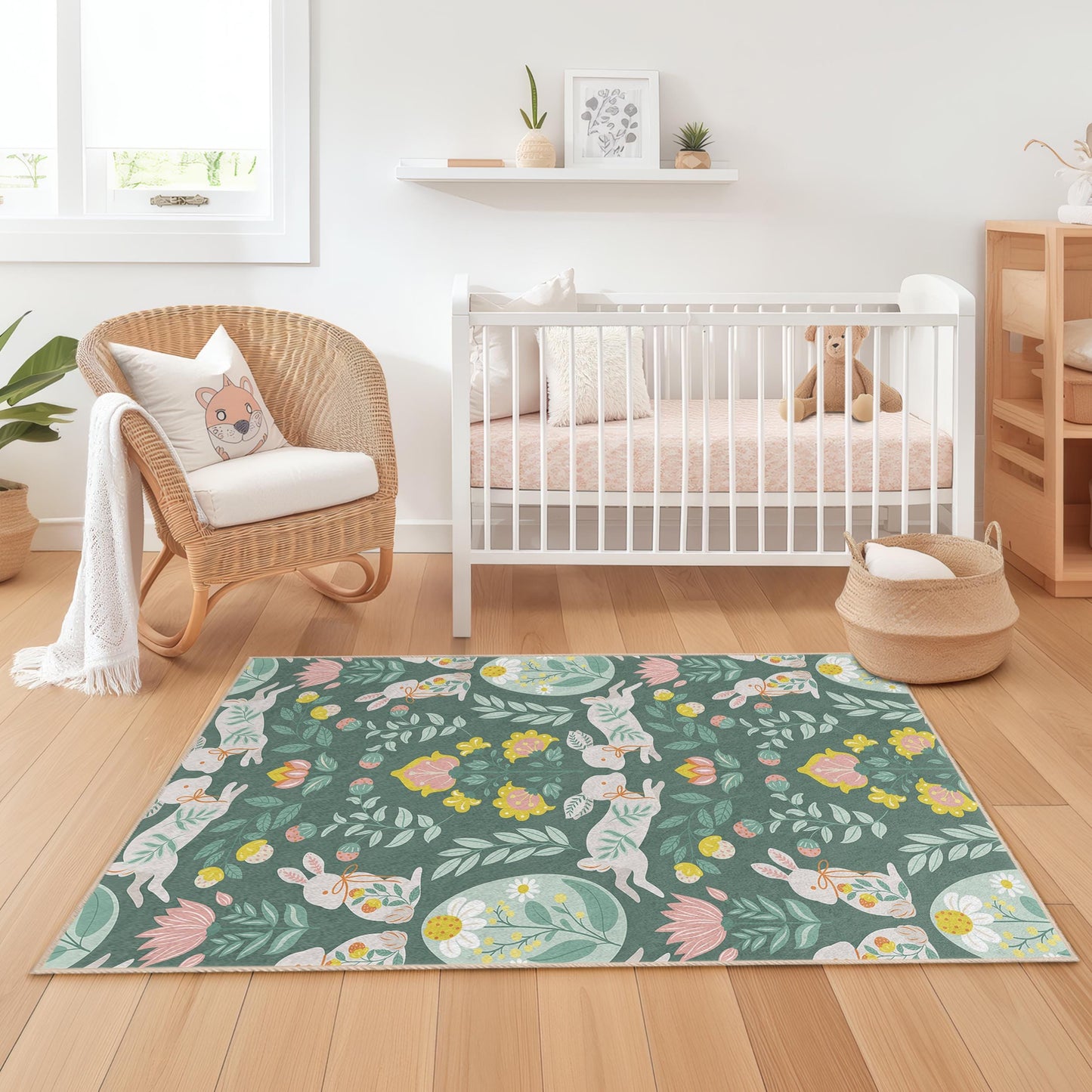 Floral Bunny Pattern Kids Rug, Rectangular Kids Room Carpet, Playroom Decor, Nursery Rug, Cute Animal Rug, Childrens Area Rug