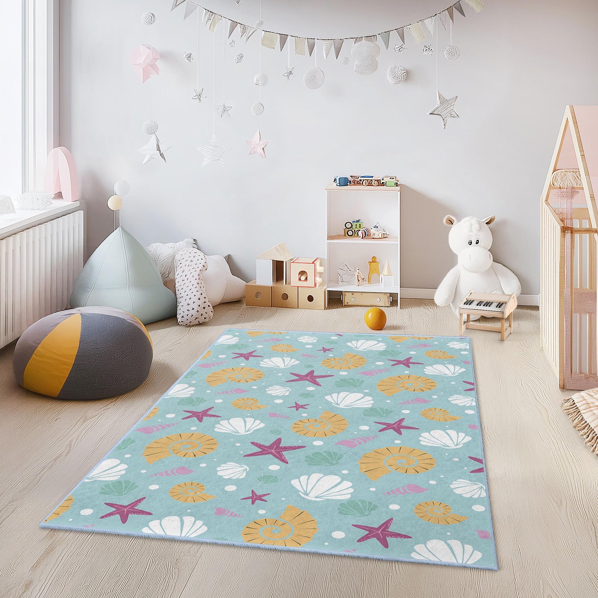 Seashell Starfish Kids Rug: Underwater Nursery Play Mat