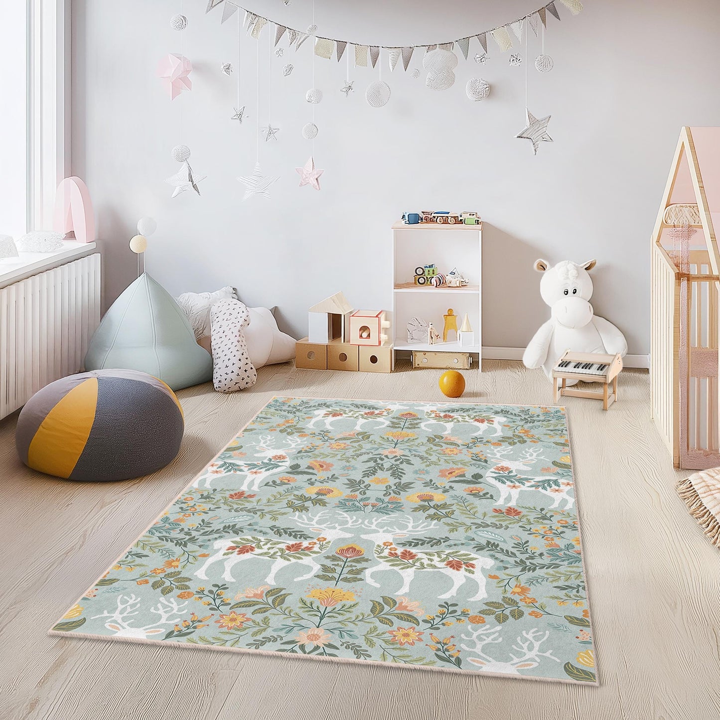 Floral Deer Pattern Rectangular Kids Rug, Nature Inspired Kids Carpet, Playroom Floor Mat, Nursery Rug, Floral Decor