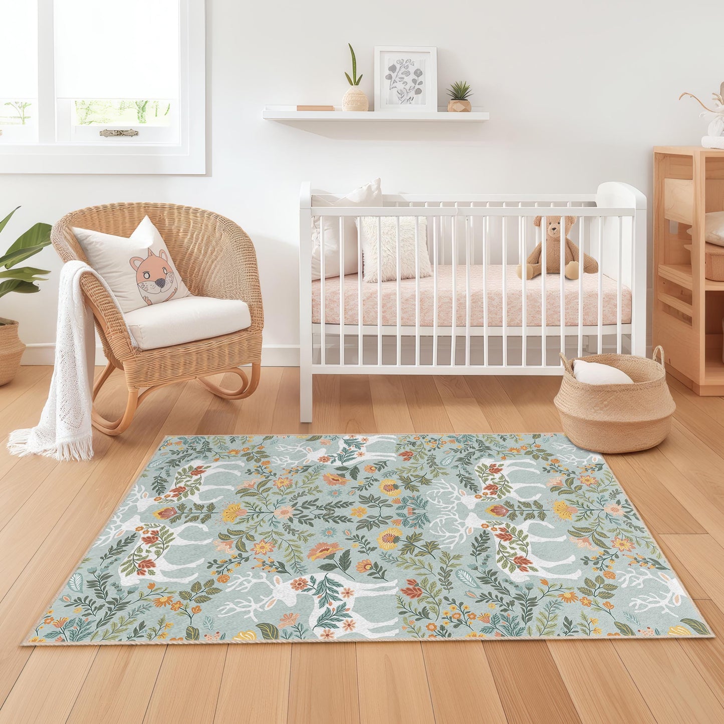 Floral Deer Pattern Rectangular Kids Rug, Nature Inspired Kids Carpet, Playroom Floor Mat, Nursery Rug, Floral Decor