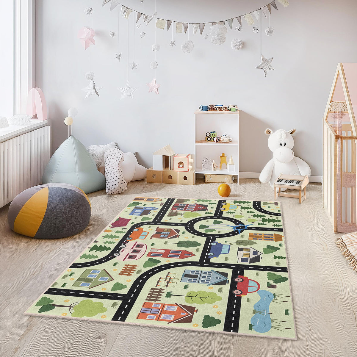 Colorful City Road Map Kids Rug, Fun Playroom Carpet, Interactive ...