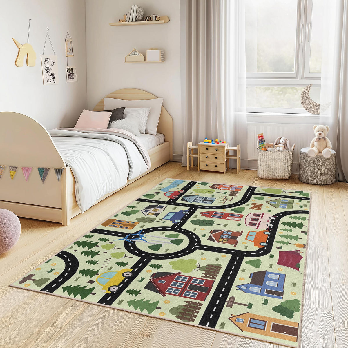 Colorful City Road Map Kids Rug, Fun Playroom Carpet, Interactive ...