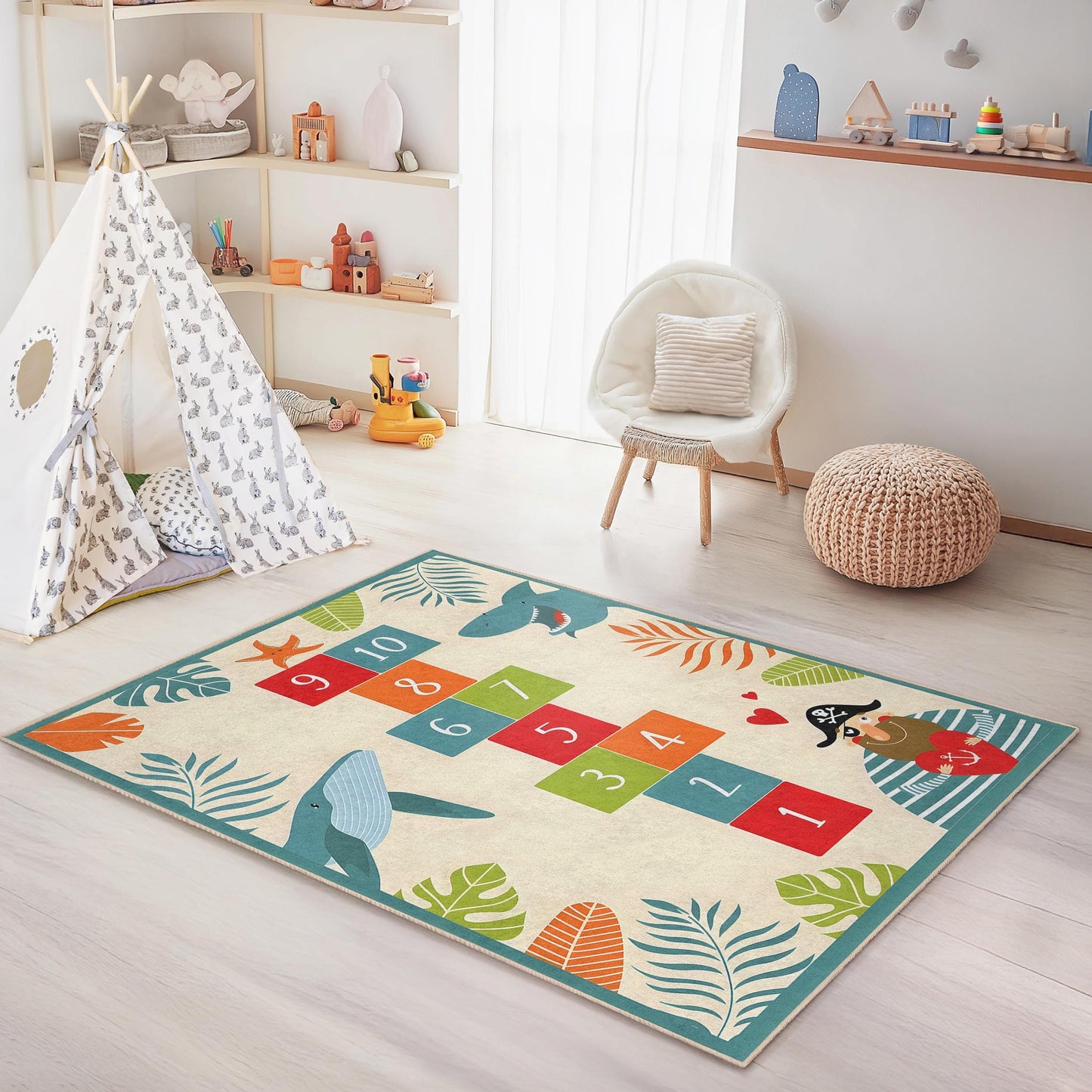 Colorful Pirate Adventure Kids Rug, Hopscotch Play Mat, Rectangular Kids Room Carpet, Fun Shark Decor, Nautical Nursery Rug