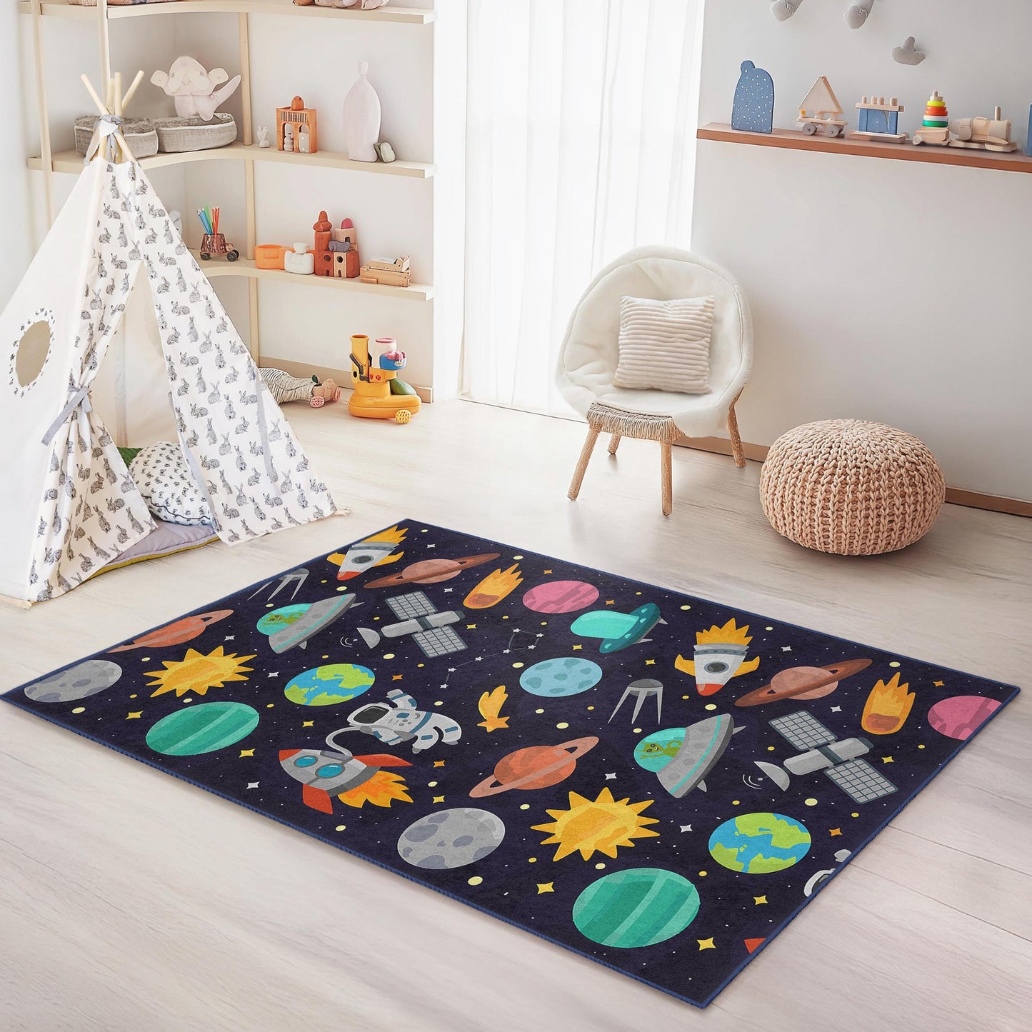 Space Adventure Kids Rug: Personalized Playroom Carpet