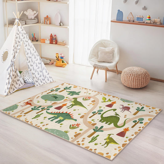 Dinosaur Adventure Kids Rug, Interactive Play Mat for Children's Room, Soft Rectangular Carpet, Playroom Decor, Nursery Rug