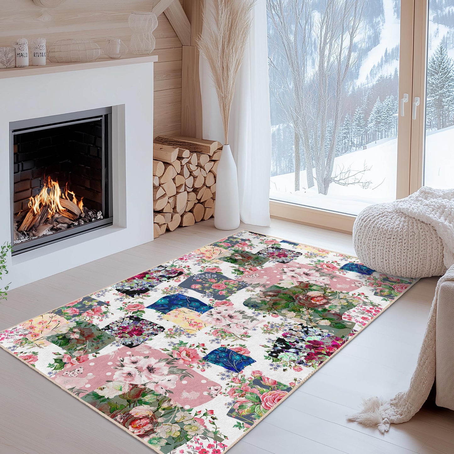 Vibrant Floral Patchwork Rectangular Area Rug, Bohemian Flower Carpet for Living Room, Soft Decorative Rug, Unique Home Decor