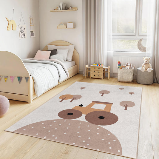 Cute Tractor Kids Room Rug, Farm Theme Area Rug, Rectangular Playroom Carpet, Nursery Decor, Soft Childrens Rug