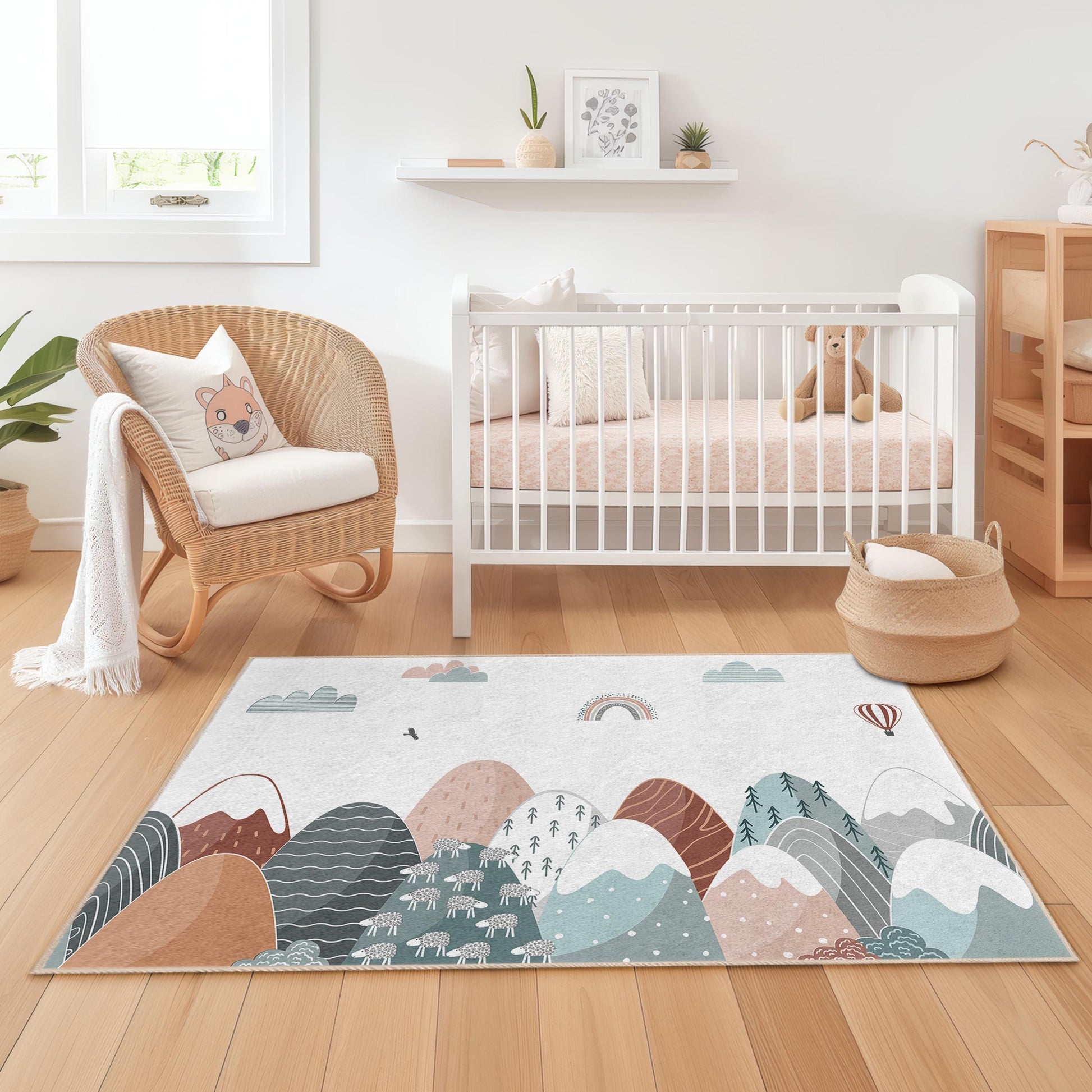Mountain Landscape Kids Room Rug, Rectangular Playroom Carpet, Soft Nursery Decor, Stylish Kids Rug, Nature Inspired Design
