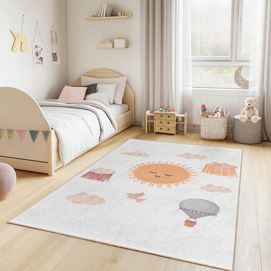 Sunny Smiles Cloudy Dreams Rectangular Kids Rug, Cute Sun and Cloud Design Rug, Playroom Decor, Nursery Area Rug