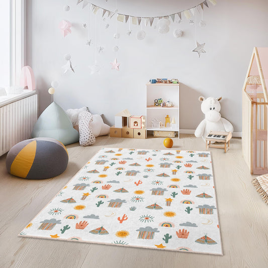 Whimsical Sun and Clouds Rectangular Kids Rug, Colorful Rainbows and Cacti Rug, Fun Nursery Decor, Playroom Carpet, Childrens Room Rug
