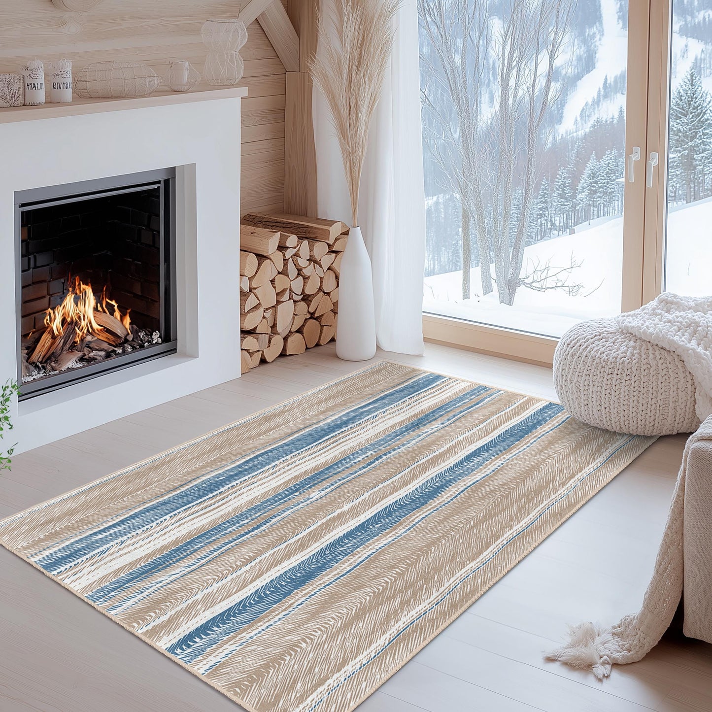 Elegant Striped Rectangle Area Rug, Modern Living Room Carpet, Soft Beige Blue Striped Rug, Stylish Home Decor, Cozy Room Mat