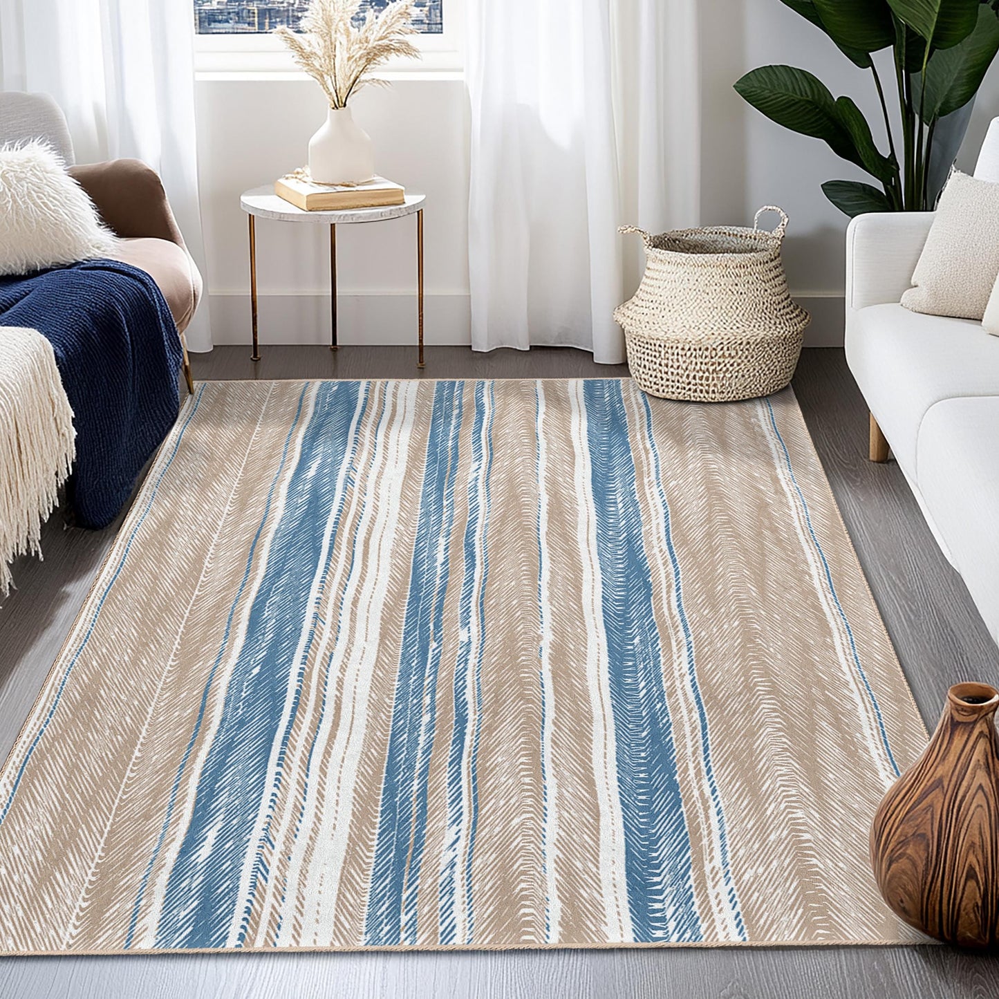 Elegant Striped Rectangle Area Rug, Modern Living Room Carpet, Soft Beige Blue Striped Rug, Stylish Home Decor, Cozy Room Mat