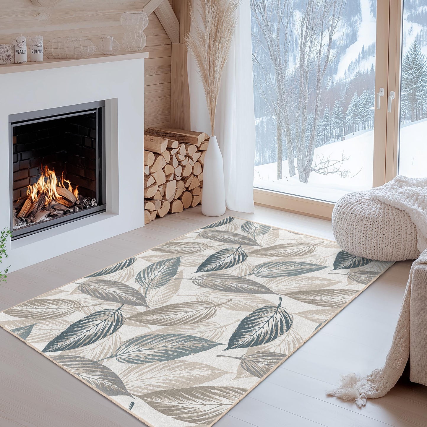 Elegant Leaf Pattern Rectangular Area Rug, Modern Leaf Design Rug, Living Room Carpet, Soft Indoor Rug, Home Decor