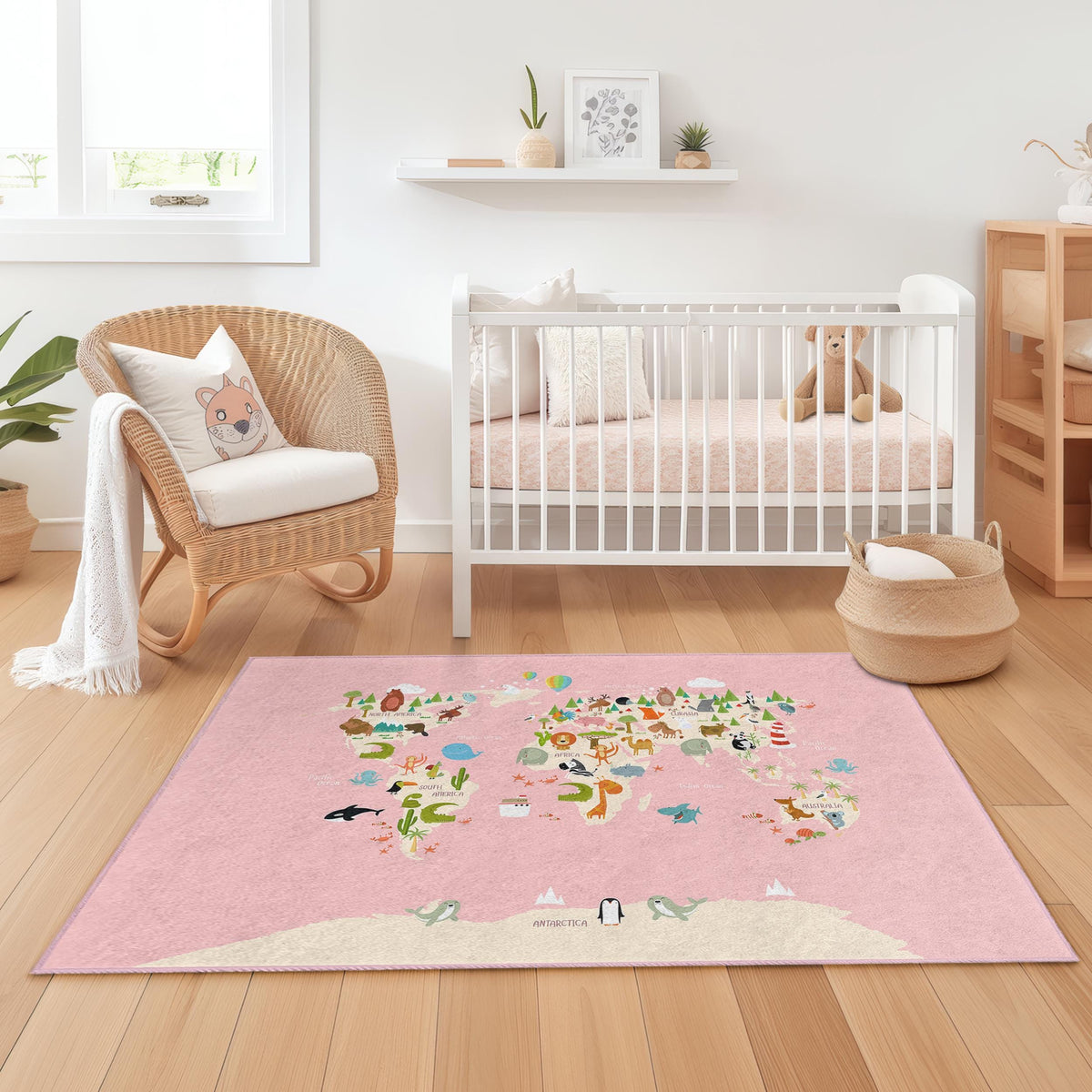 Kid Pink Rug Texture Pink Animal Map Kids Area Rug, Rectangular Play Mat for Children, Cute ...