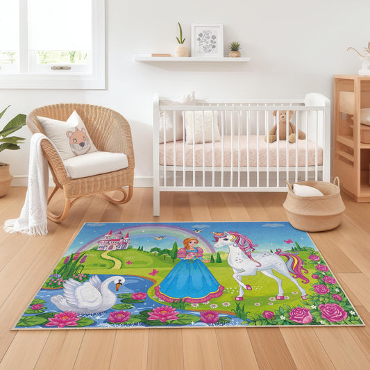 Enchanting Unicorn Kids Play Rug, Princess Themed Rectangle Rug, Colorful Nursery Carpet, Magical Kids Room Decor