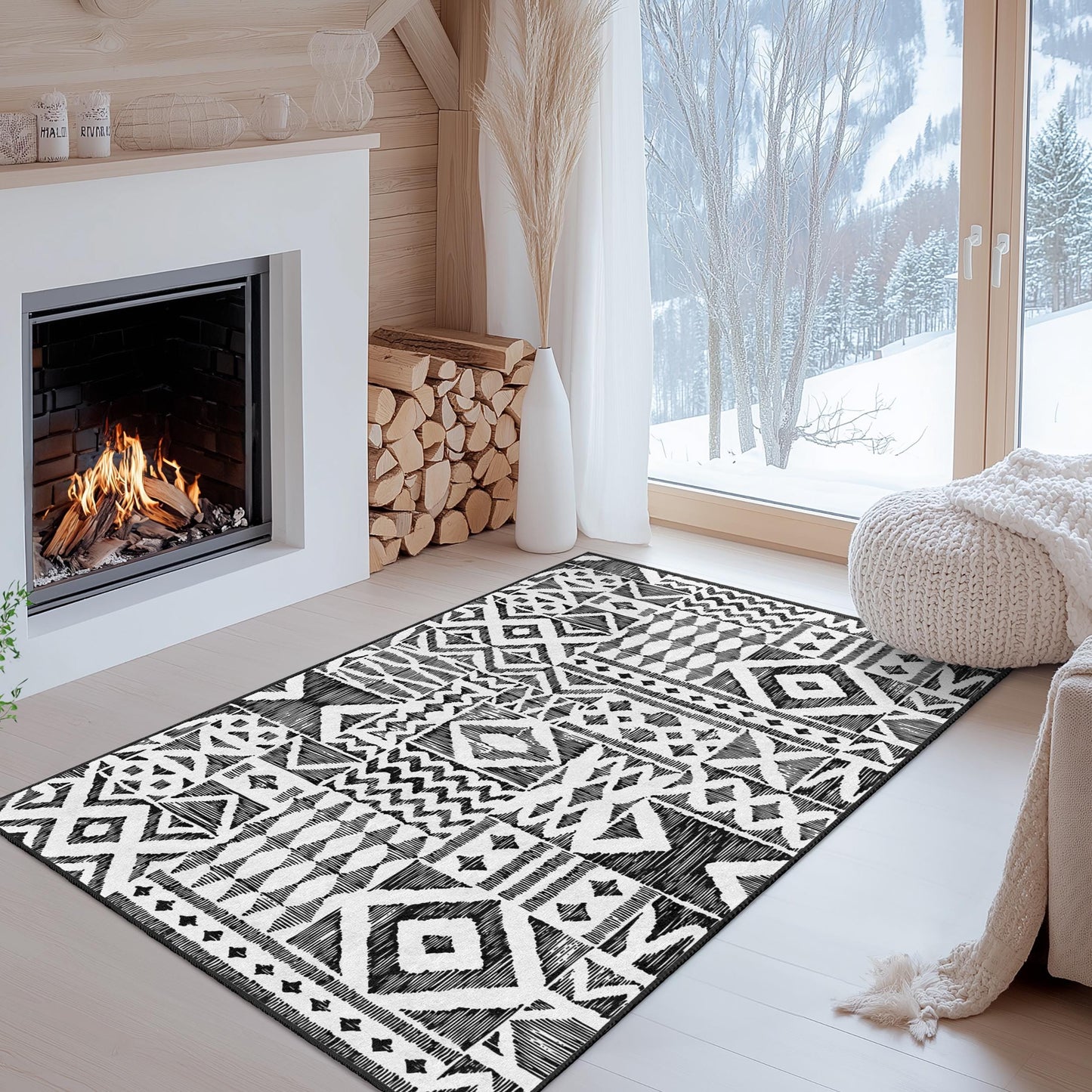 Bohemian Geometric Pattern Area Rug, Rectangle Carpet for Living Room, Modern Black and White Rug, Stylish Home Decor