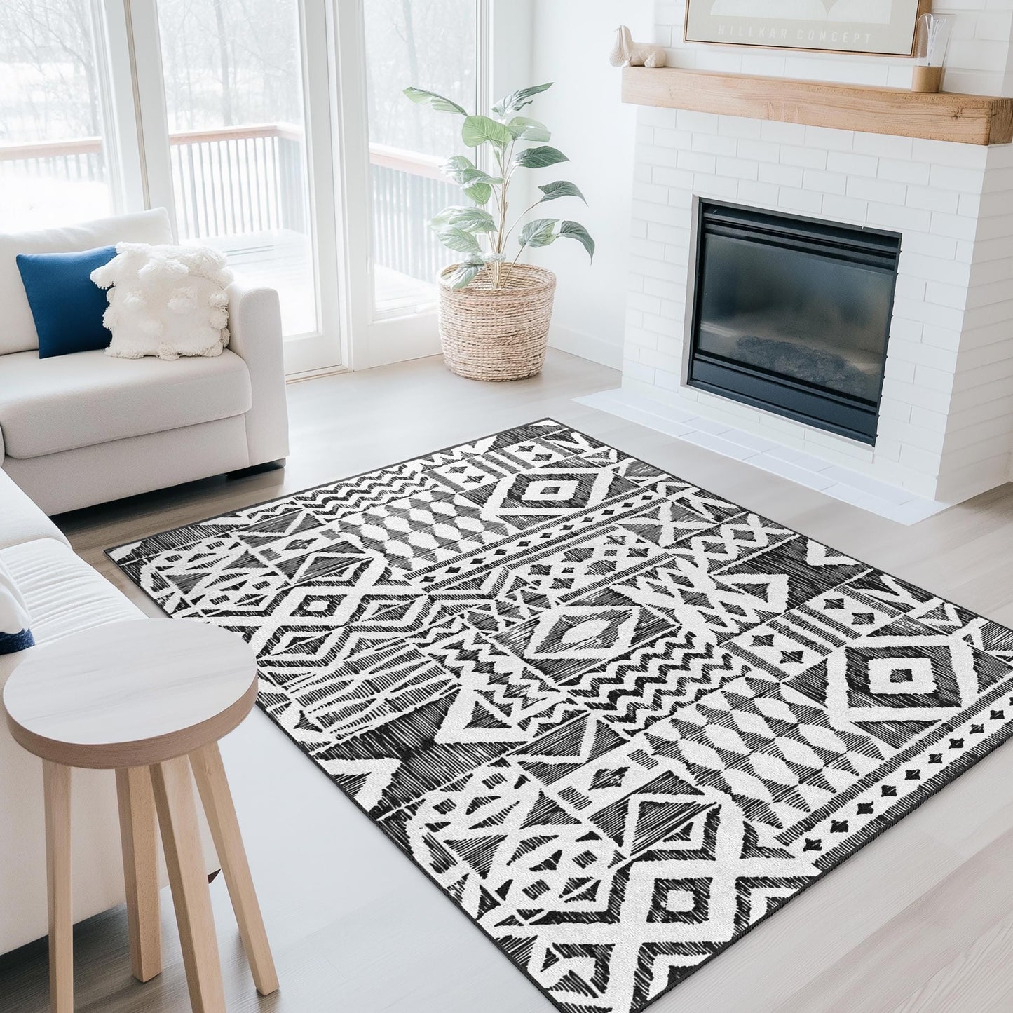 Bohemian Geometric Pattern Area Rug, Rectangle Carpet for Living Room, Modern Black and White Rug, Stylish Home Decor