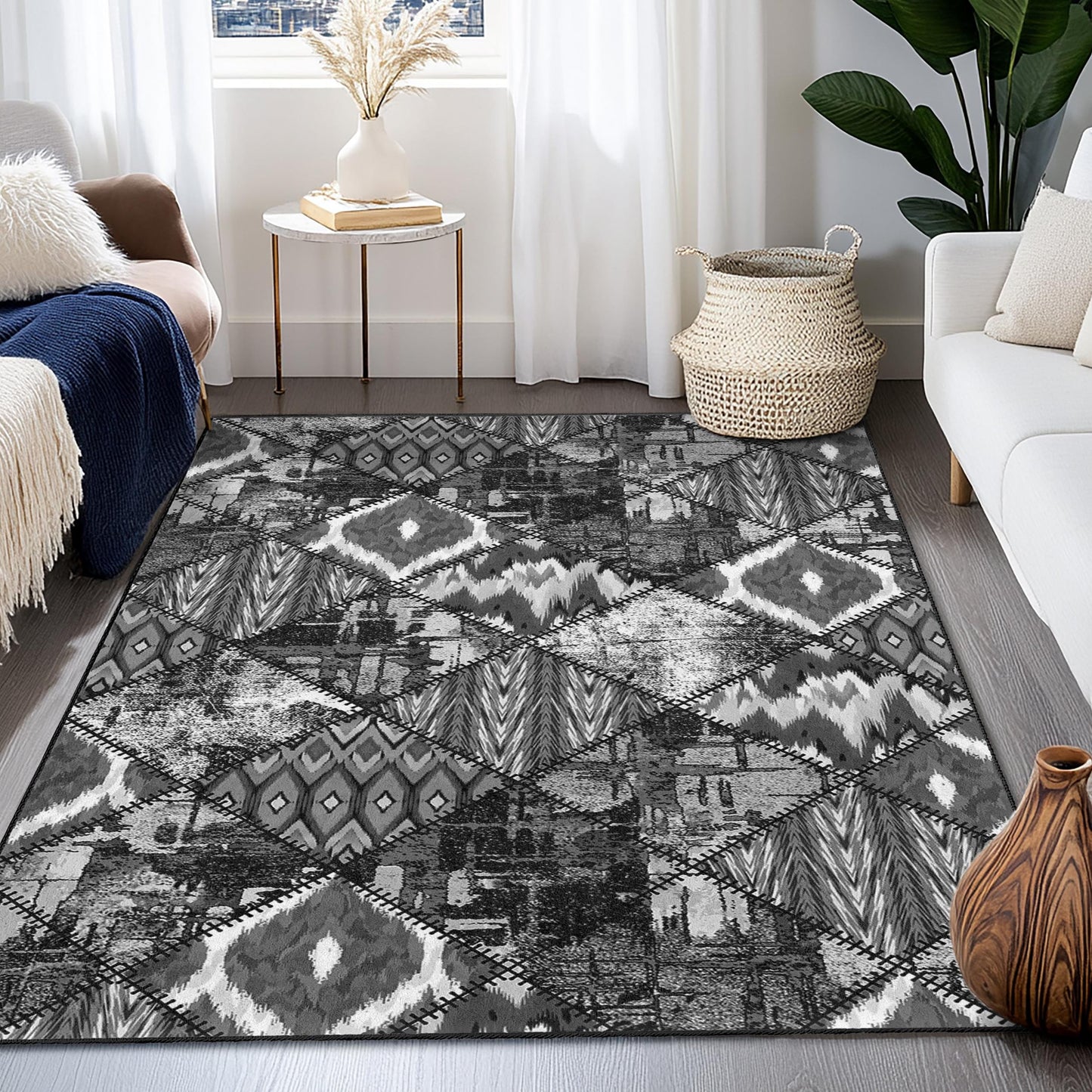 Black and White Geometric Area Rug: Modern Diamond Pattern Carpet