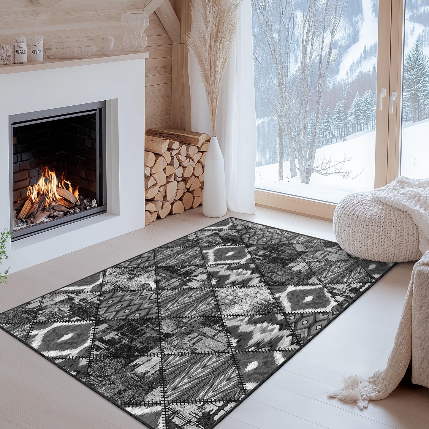 Black and White Geometric Area Rug: Modern Diamond Pattern Carpet