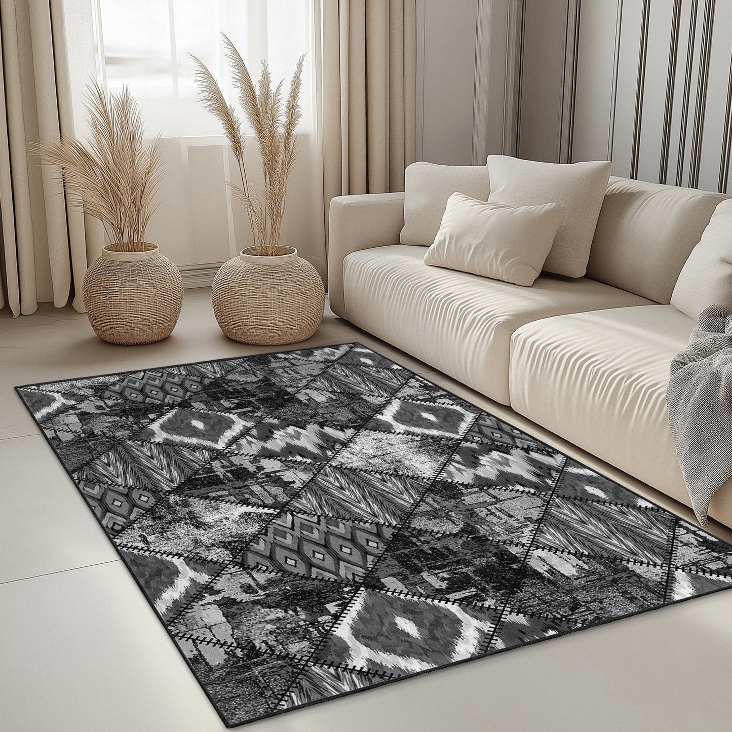 Black and White Geometric Area Rug: Modern Diamond Pattern Carpet