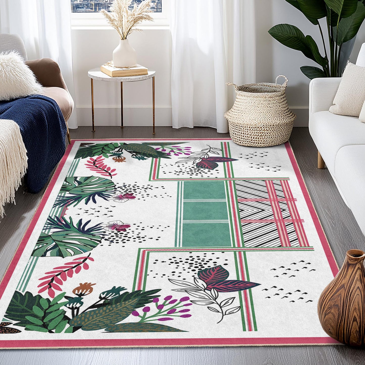 Tropical Leaves Rectangular Rug, Stylish Living Room Carpet, Modern Home Decor, Indoor Area Rug for Living Room, Botanical Design Rug