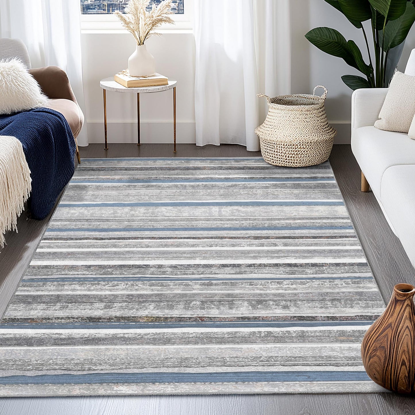 Elegant Striped Area Rug, Rectangle Living Room Carpet, Stylish Home Decor, Modern Grey and Blue Rug, Soft Indoor Rug