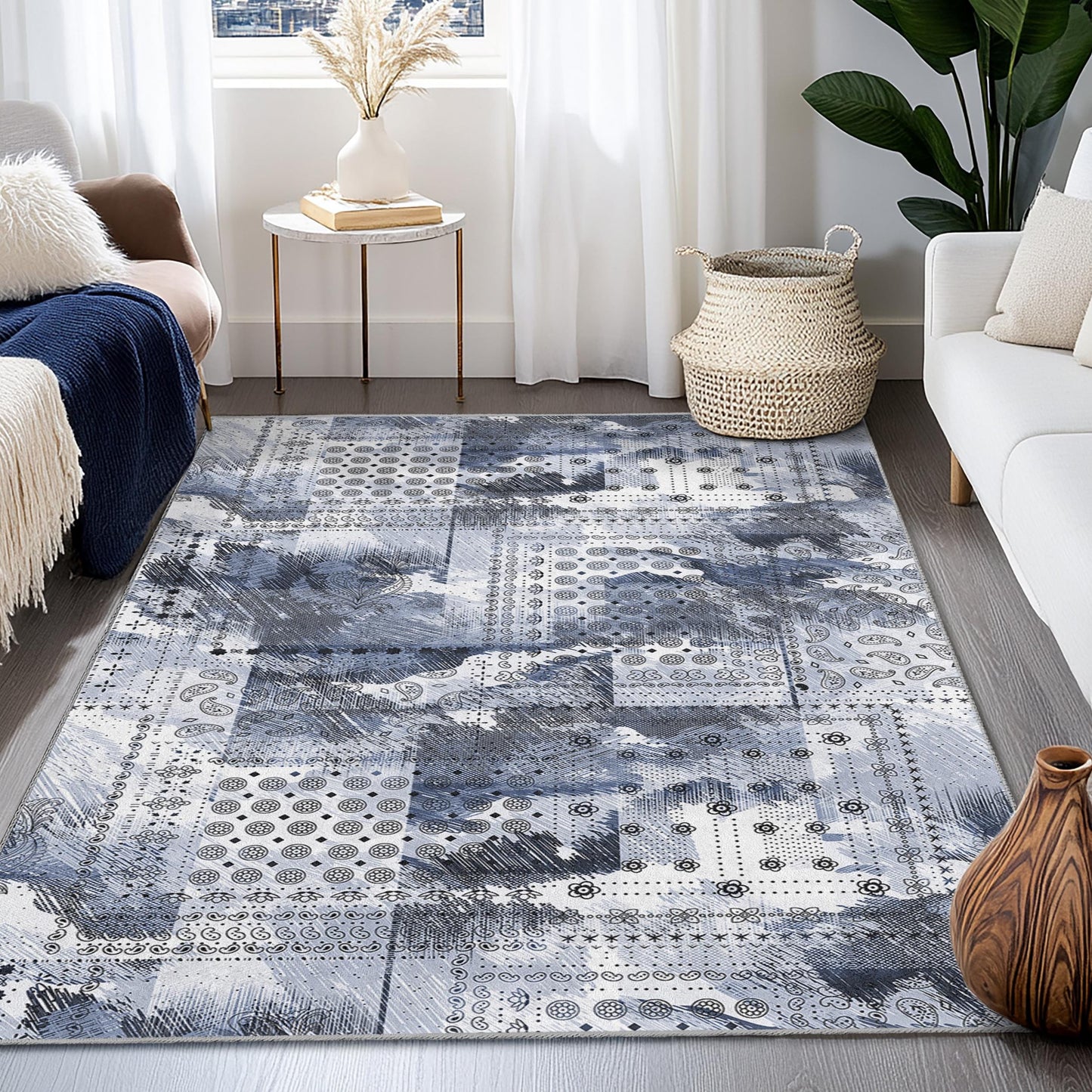 Abstract Geometric Area Rug: Modern Art, Blue & Grey