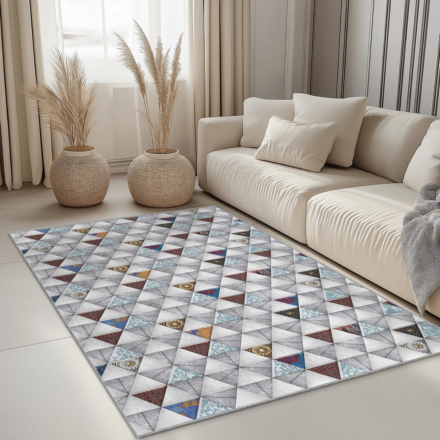 Geometric Triangle Pattern Area Rug, Rectangular Kids Room Carpet, Modern Decor for Nursery, Playroom, and Living Room