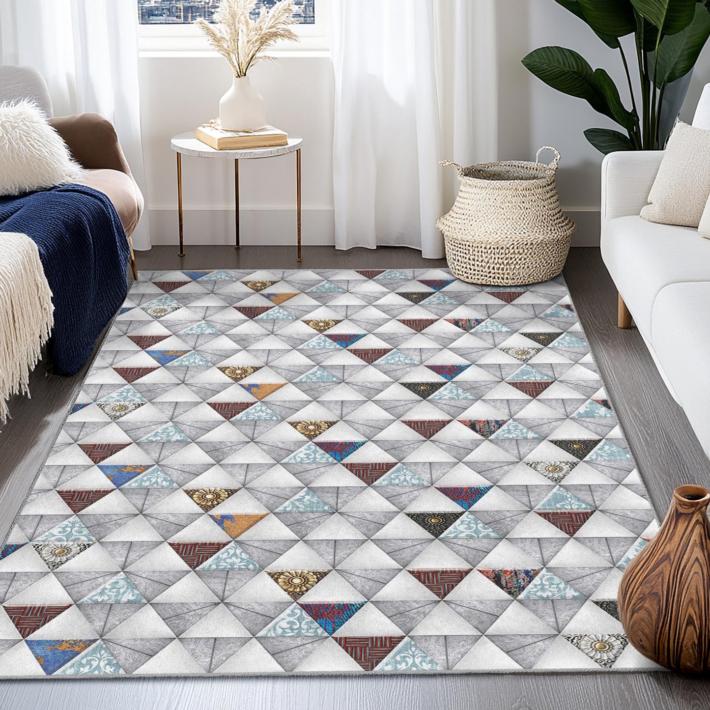 Geometric Triangle Pattern Area Rug, Rectangular Kids Room Carpet, Modern Decor for Nursery, Playroom, and Living Room
