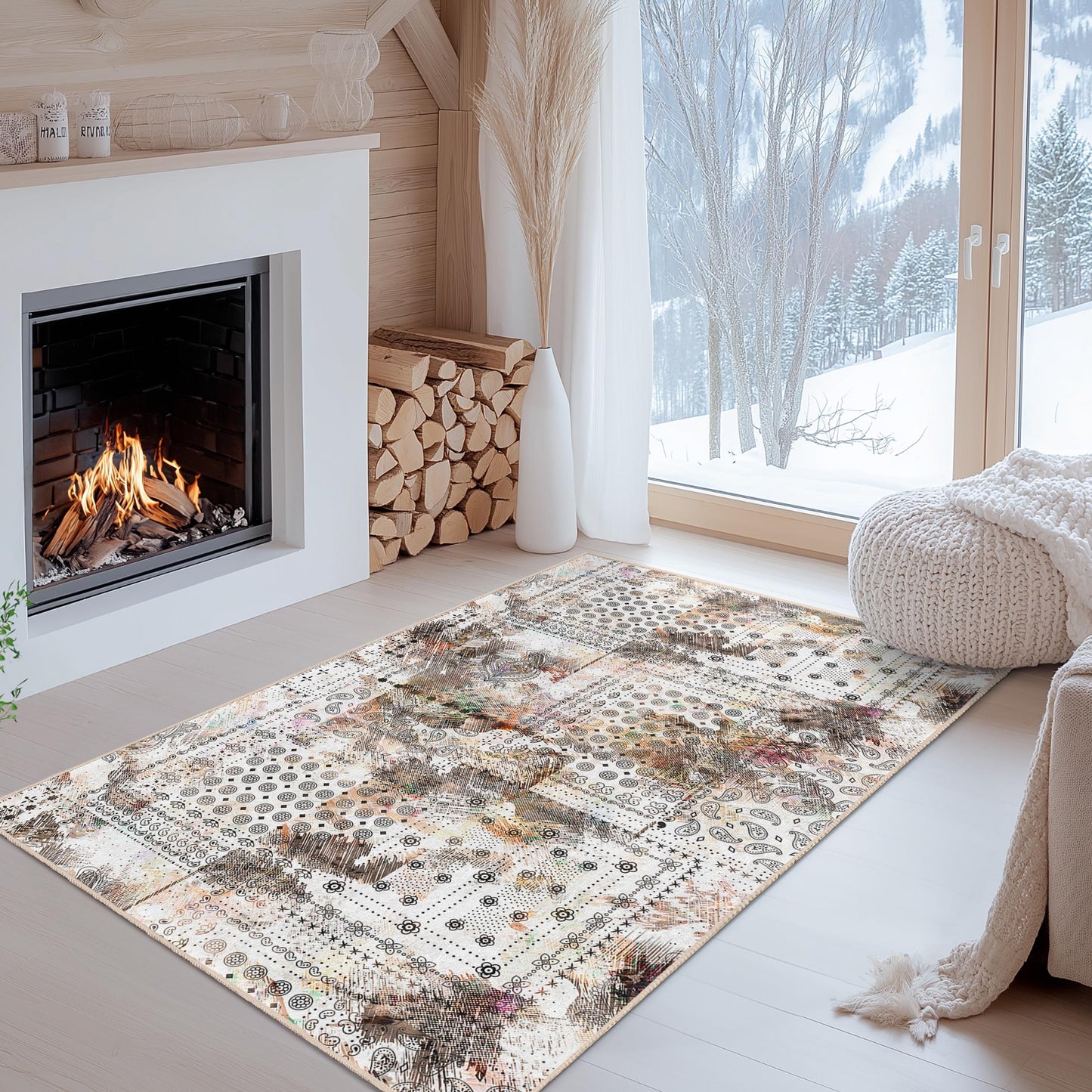 Abstract Floral Pattern Rectangular Area Rug, Modern Design Carpet for Kids Room, Playroom, Living Room, Soft Indoor Rug
