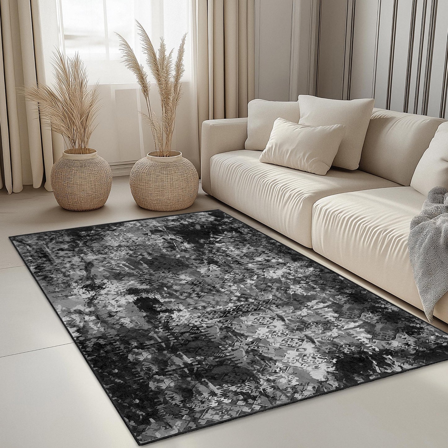 Abstract Black and White Rectangular Area Rug, Modern Patterned Rug, Decorative Living Room Rug, Stylish Bedroom Carpet, Home Decor