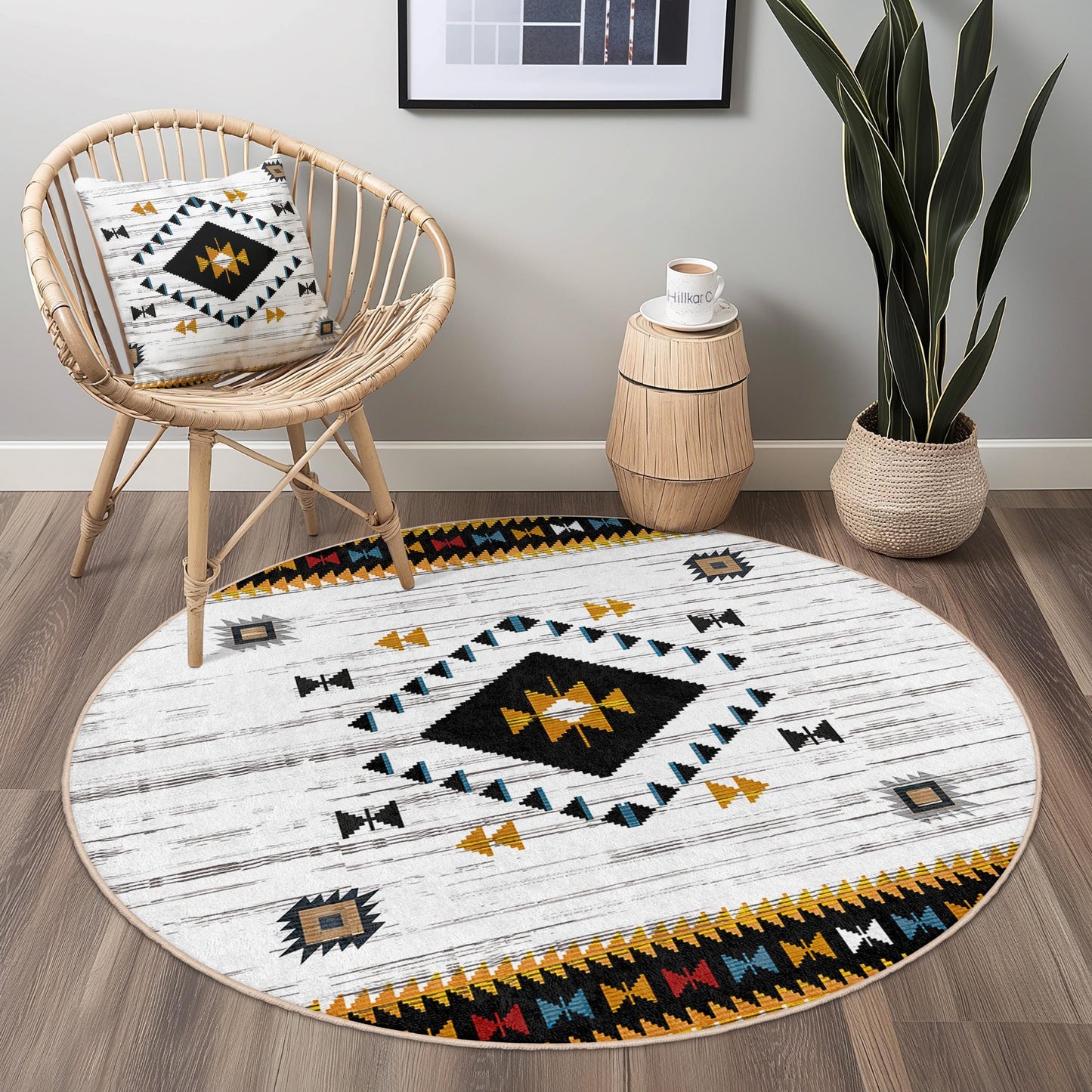 Bohemian Round Area Rug with Geometric Patterns, Soft Circle Rug for Living Room, Stylish Round Carpet for Home Decor