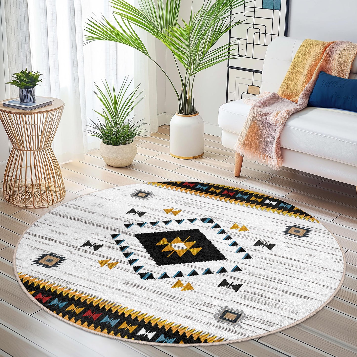 Bohemian Round Area Rug with Geometric Patterns, Soft Circle Rug for Living Room, Stylish Round Carpet for Home Decor
