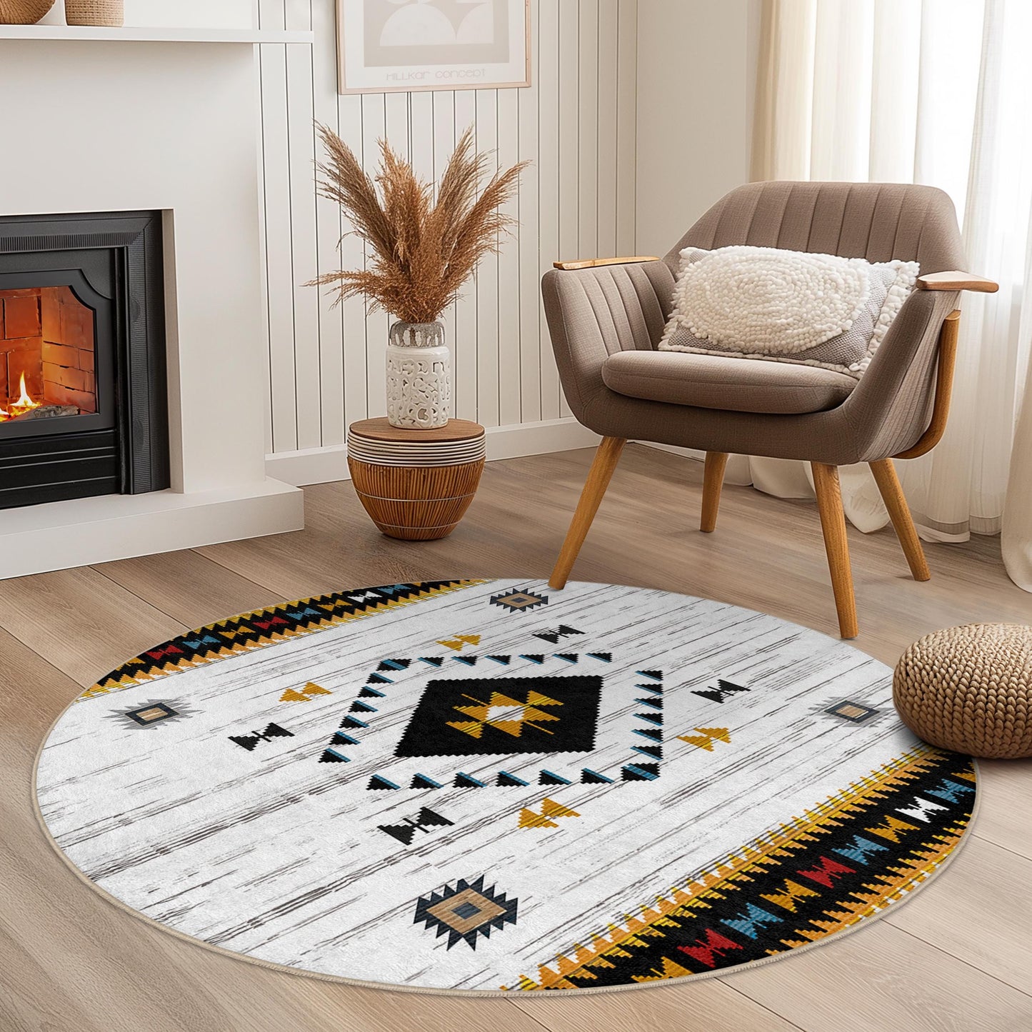 Bohemian Round Area Rug with Geometric Patterns, Soft Circle Rug for Living Room, Stylish Round Carpet for Home Decor