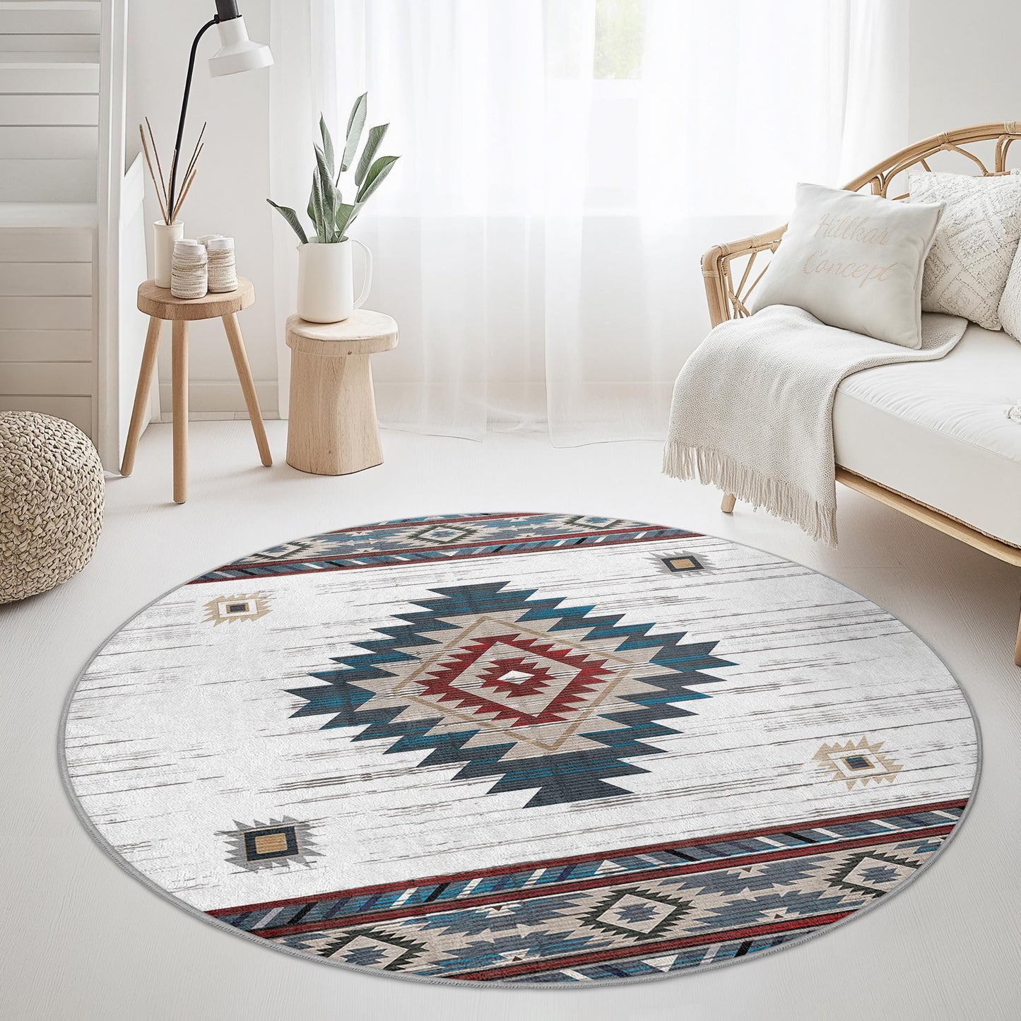Bohemian Round Area Rug, Geometric Pattern Rug, Cozy Living Room Decor, Soft Bedroom Carpet, Stylish Round Rug for Home