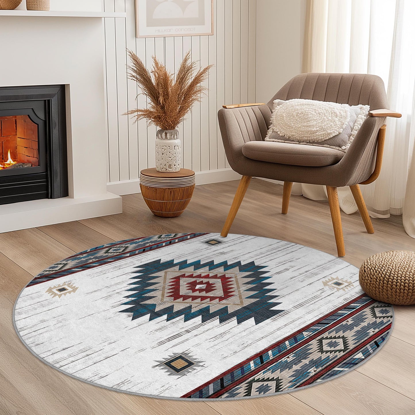 Bohemian Round Area Rug, Geometric Pattern Rug, Cozy Living Room Decor, Soft Bedroom Carpet, Stylish Round Rug for Home