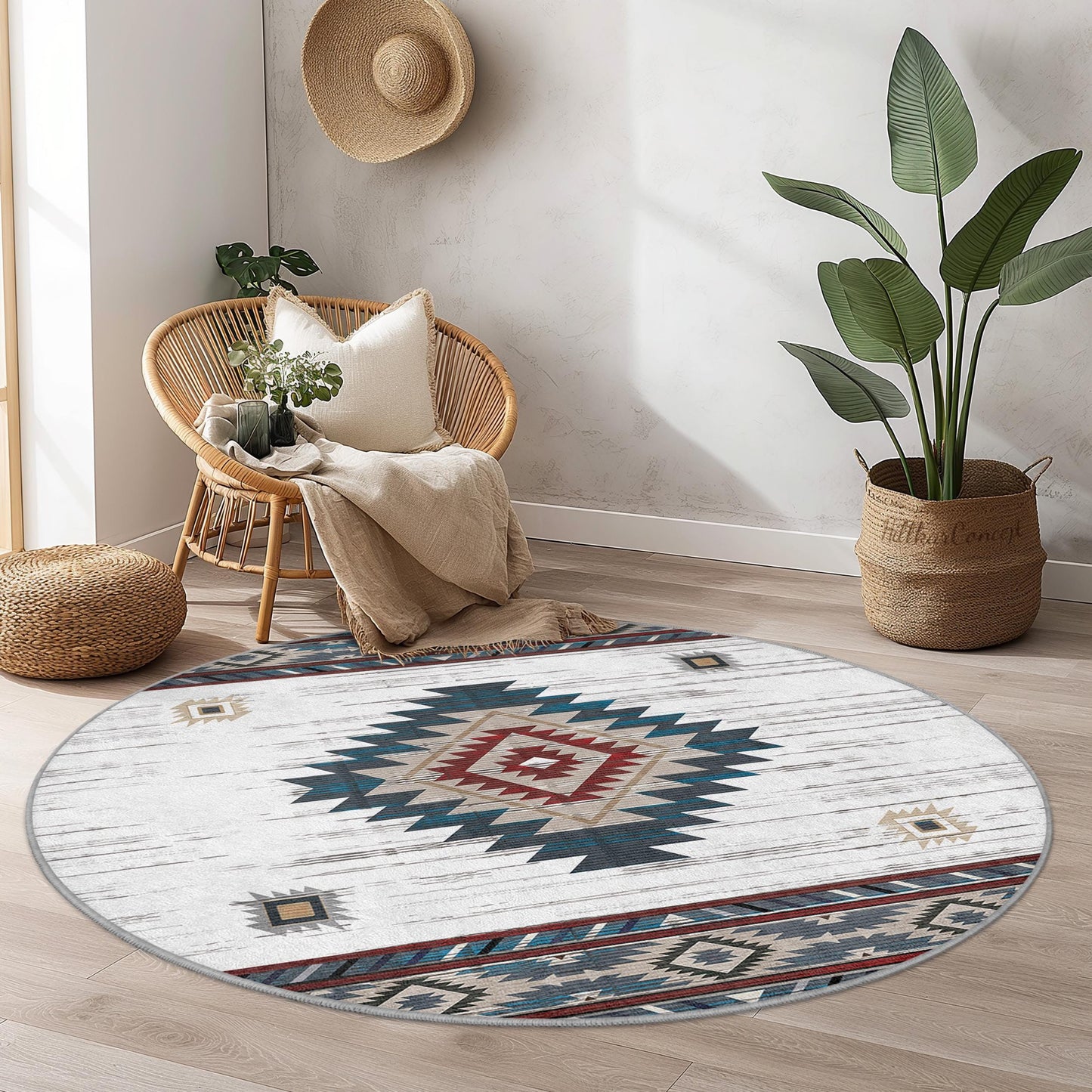 Bohemian Round Area Rug, Geometric Pattern Rug, Cozy Living Room Decor, Soft Bedroom Carpet, Stylish Round Rug for Home