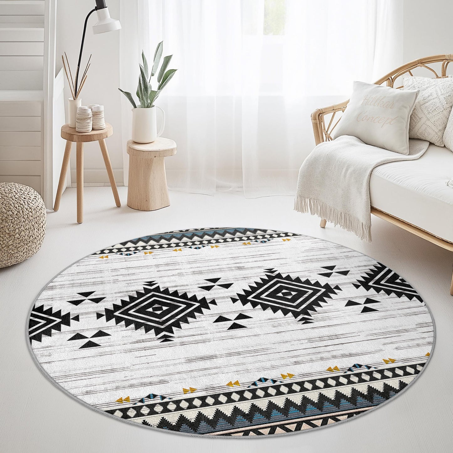 Geometric Bohemian Round Area Rug, Modern Circle Carpet, Tribal Pattern Floor Mat, Soft Living Room Decor, Home Accent Rug