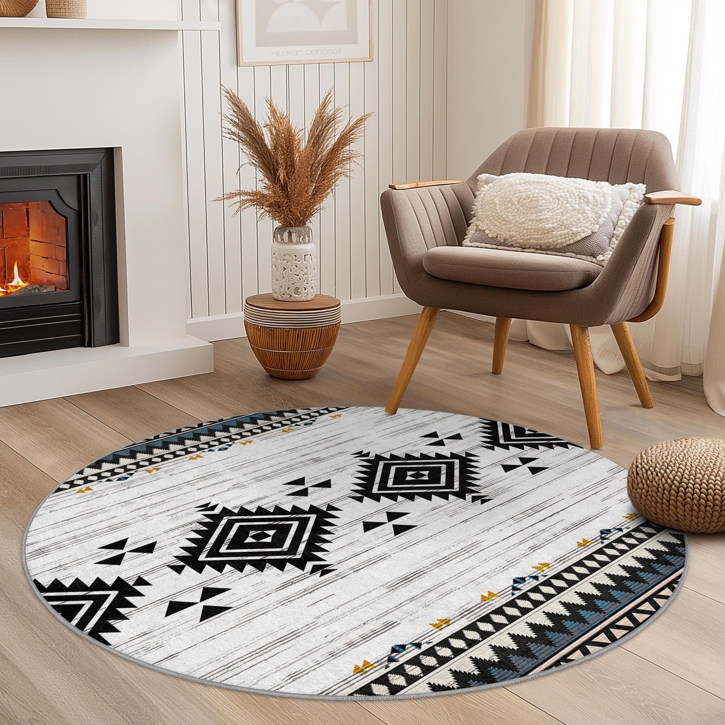 Geometric Bohemian Round Area Rug, Modern Circle Carpet, Tribal Pattern Floor Mat, Soft Living Room Decor, Home Accent Rug