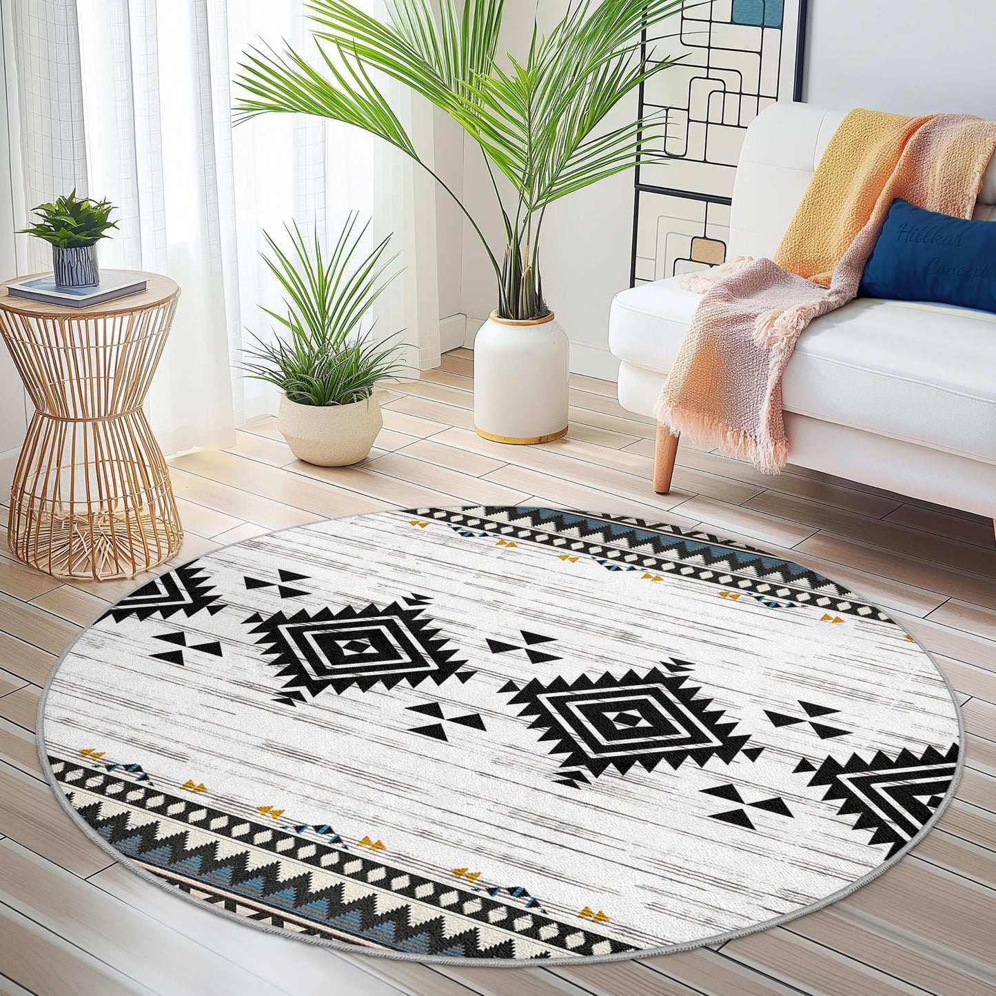 Geometric Bohemian Round Area Rug, Modern Circle Carpet, Tribal Pattern Floor Mat, Soft Living Room Decor, Home Accent Rug
