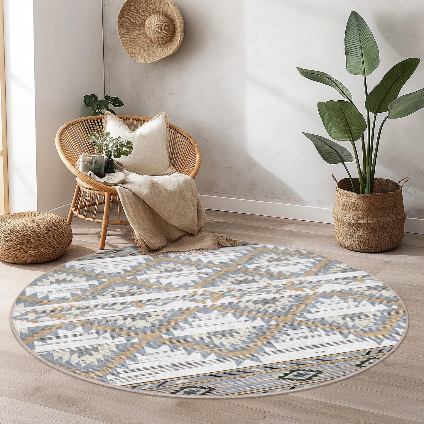 Geometric Pattern Round Area Rug, Modern Circle Carpet, Soft Boho Floor Mat, Decorative Round Rug for Living Room, Bedroom, Kids Room