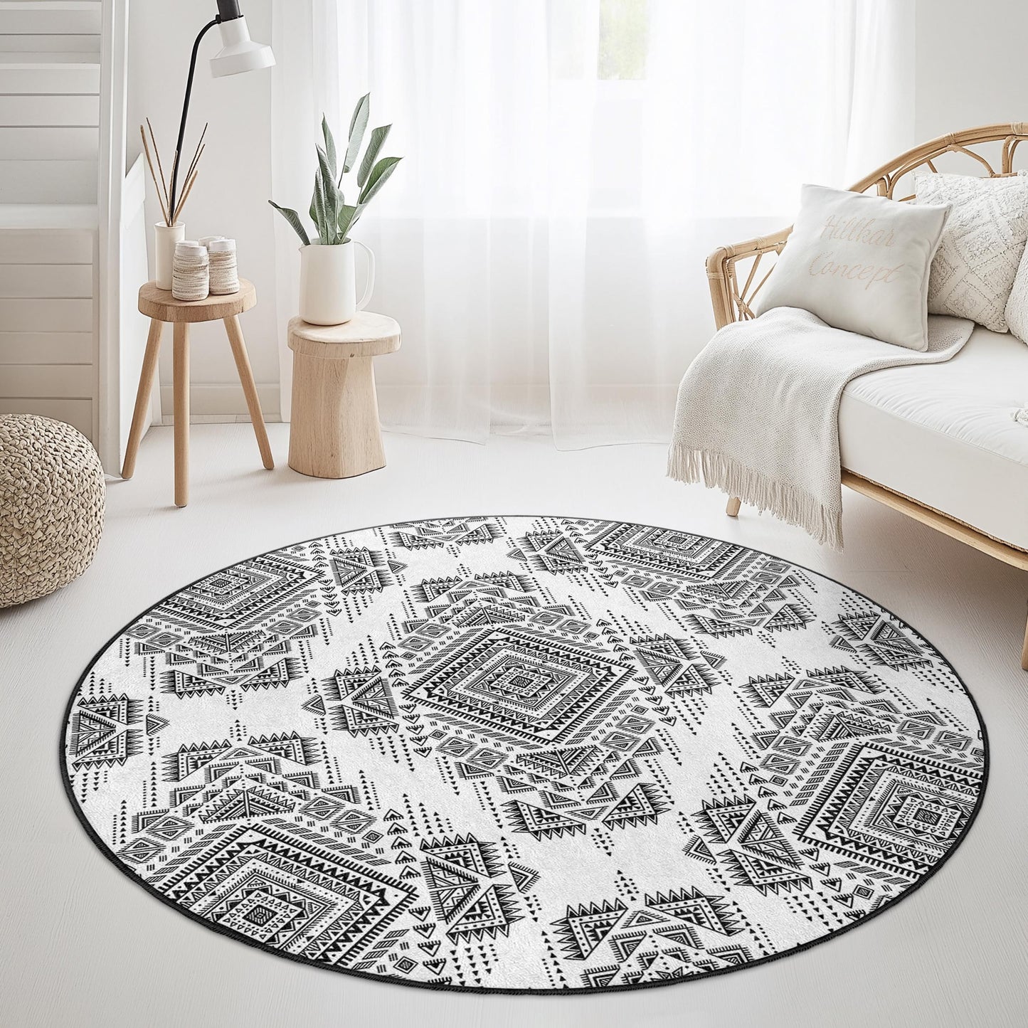 Geometric Black and White Round Area Rug, Modern Tribal Circle Rug, Bohemian Decor, Soft Living Room Rug, Unique Home Flooring