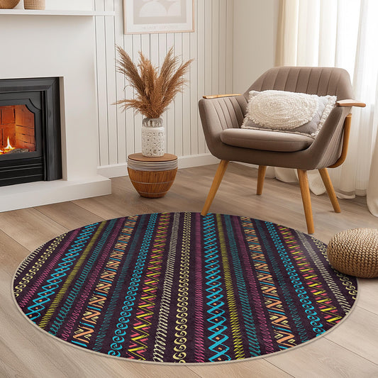 Vibrant Geometric Round Area Rug, Colorful Bohemian Round Carpet, Modern Home Decor, Soft Living Room Rug, Unique Round Floor Mat